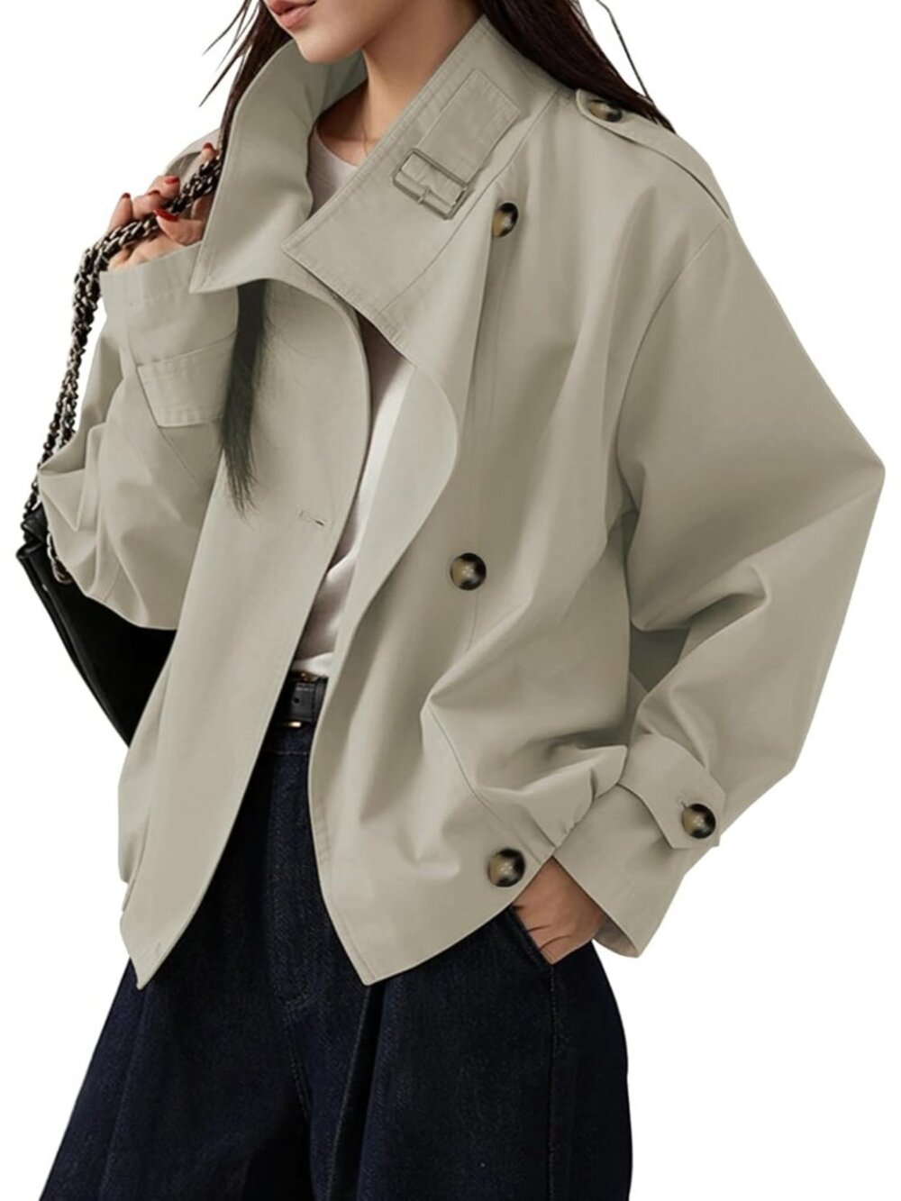 Women's Beige Retro Oversized Funnel Neck Pocket Windbreaker Cropped Trench Coat